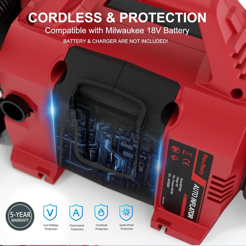 MaxMore Portable Tire Inflator/deflator Compatible with Milwaukee 18V Battery (Tool Only),160 PSI High Pressure Cordless Air Compressor Pump, Digital Gauge, Auto Shut-Off, LED Light for Car, Bike - Image 2